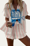 Conjunto de verano a juego rosa a rayas con blusa de manga corta y falda corta