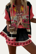 Conjunto de verano con camiseta de mangas cortas y short negro, estampado multicolor
