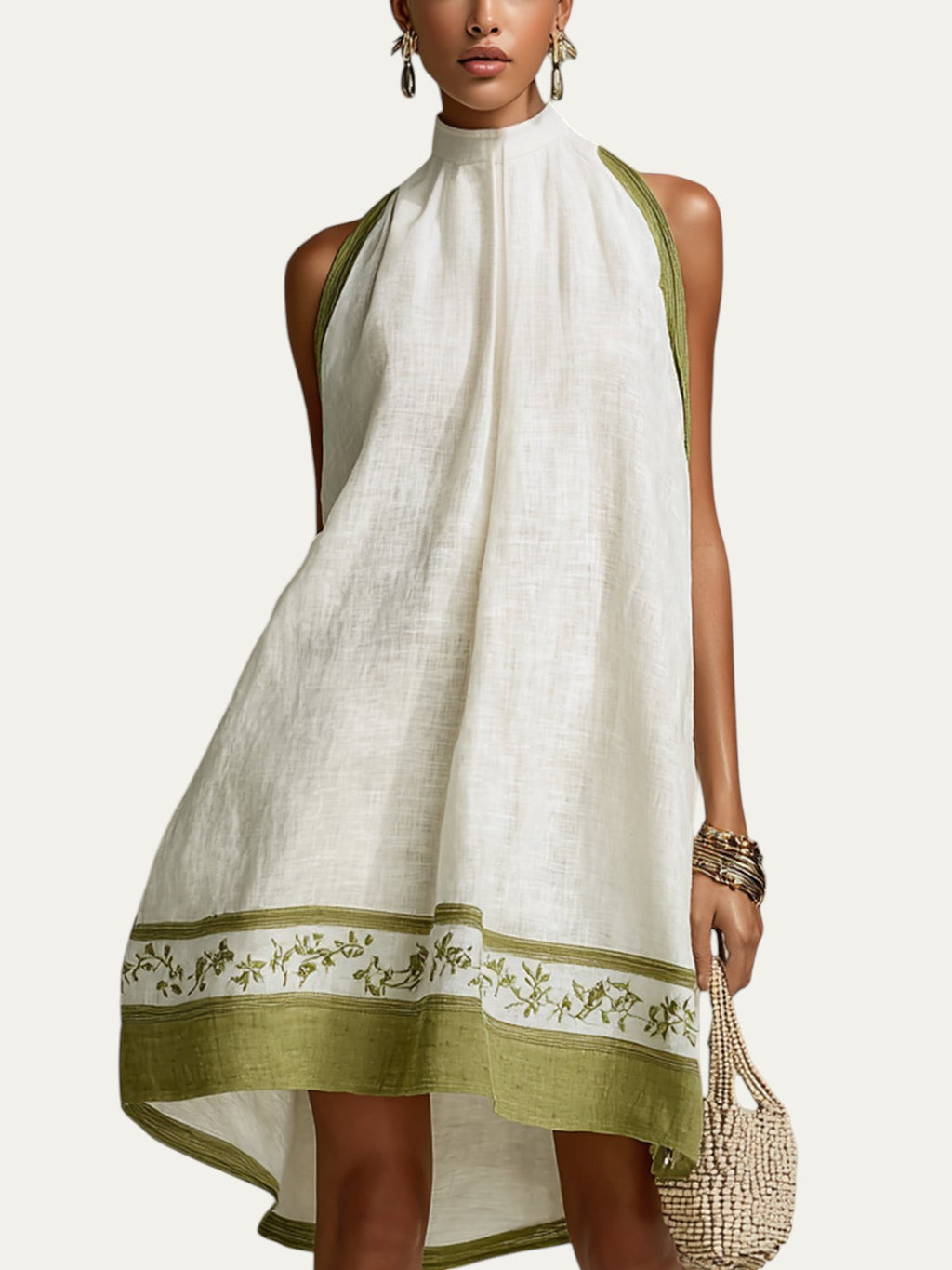 Vestido mini acampanado sin mangas blanco con cenefa floral verde oliva