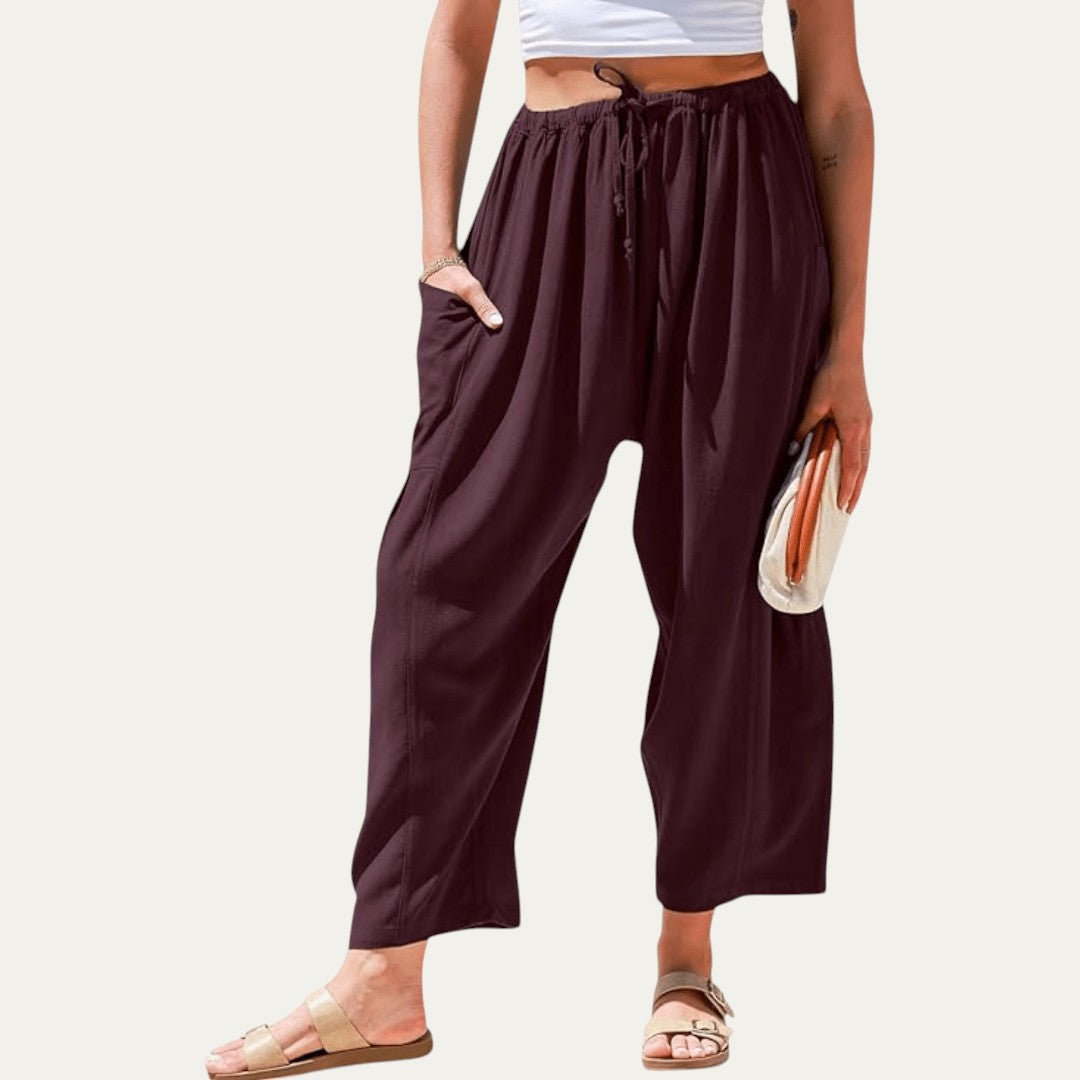 Pantalones fluidos rojo burdeos, cintura elástica con cordón, tiro alto, pierna holgada