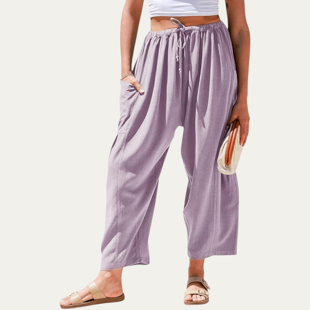 Pantalones fluidos púrpura, cintura elástica con cordón, pliegues, pierna amplia