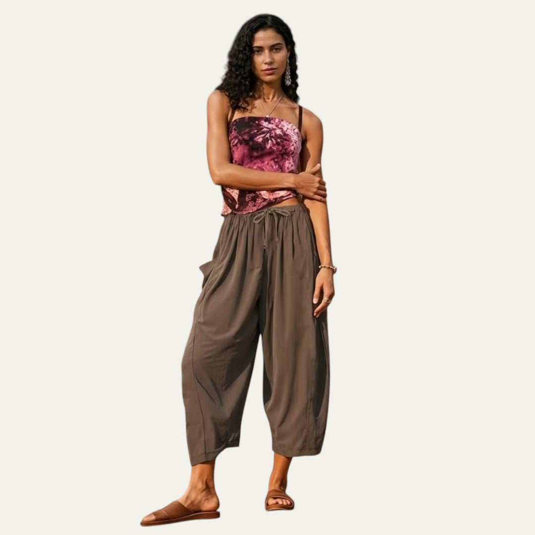 Pantalones fluidos beige topo, cintura elástica con cordón, pierna ancha y suelta