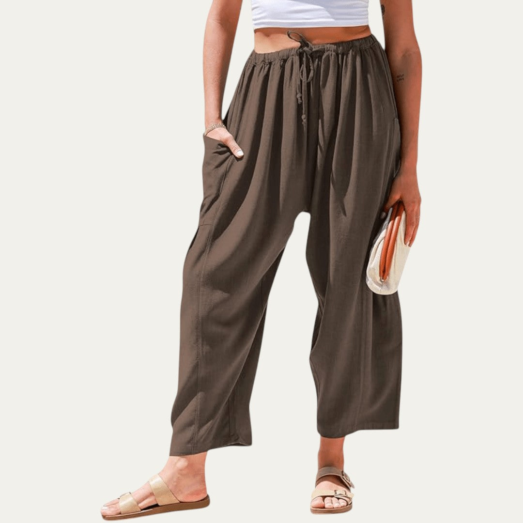 Pantalones fluidos beige topo, cintura elástica con cordón, pierna ancha, fruncidos
