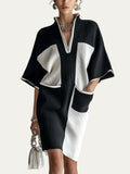 Vestido midi color block blanco y negro, escote pico y mangas murciélago holgadas