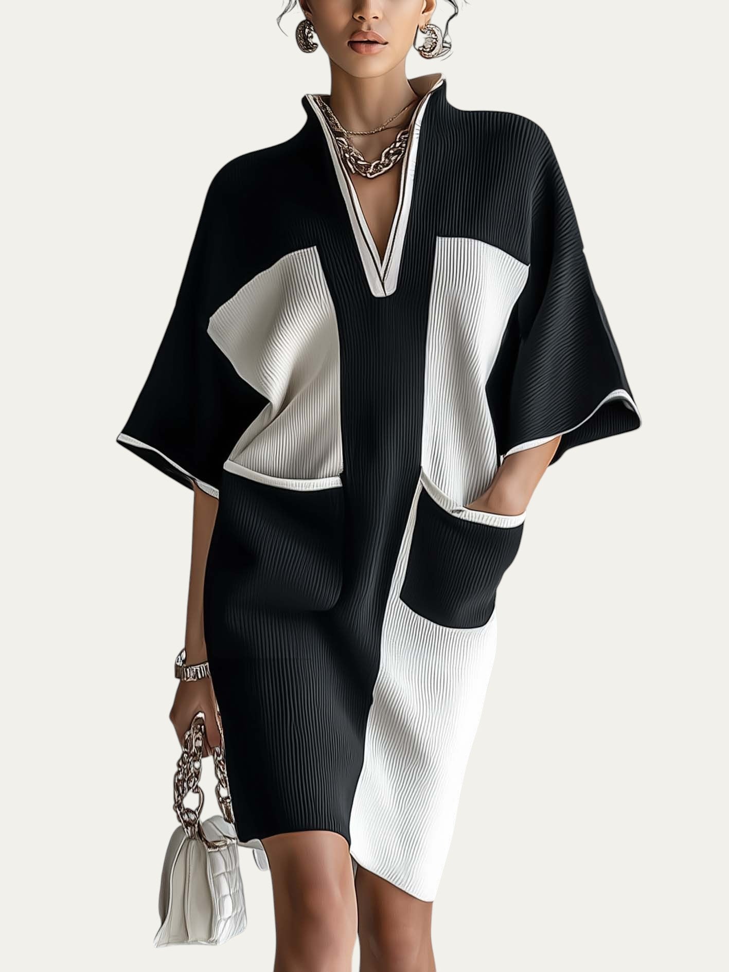 Vestido midi color block blanco y negro, escote pico y mangas murciélago holgadas
