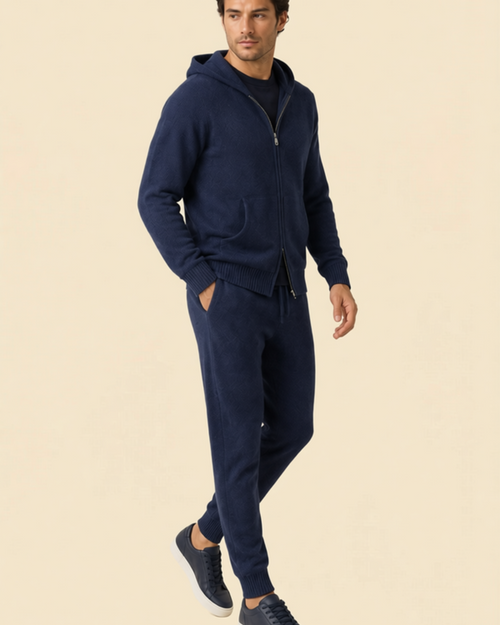 Conjunto de cachemir Amalfi azul marino: sudadera con capucha y pantalón tipo jogger.