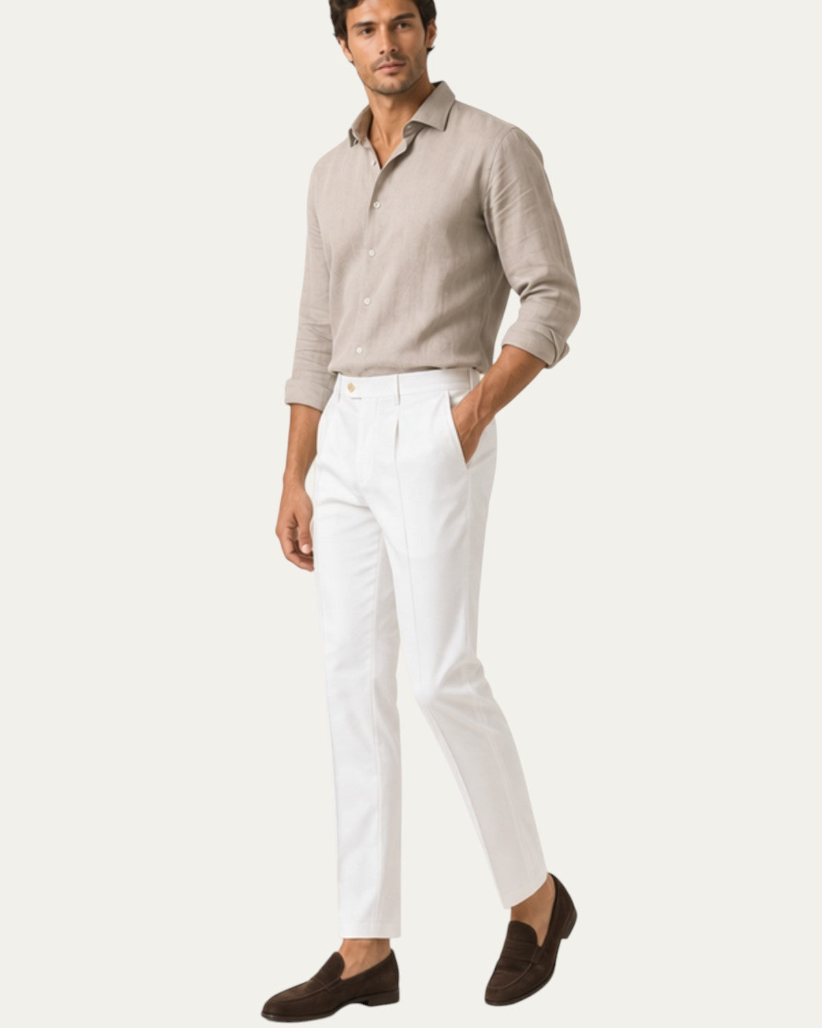Pantalón recto slim blanco para hombre con bolsillos delanteros