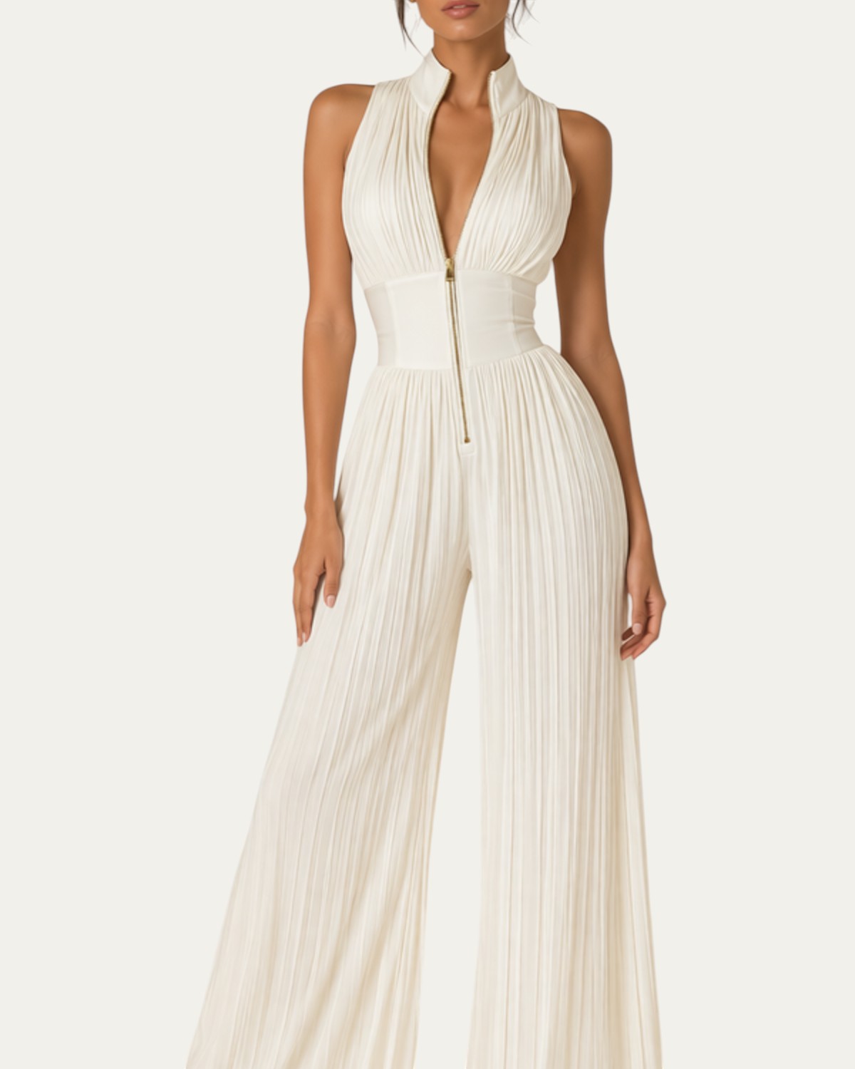 Vestido elegante blanco sin mangas con cuello alto y cierre frontal, fruncido en cintura