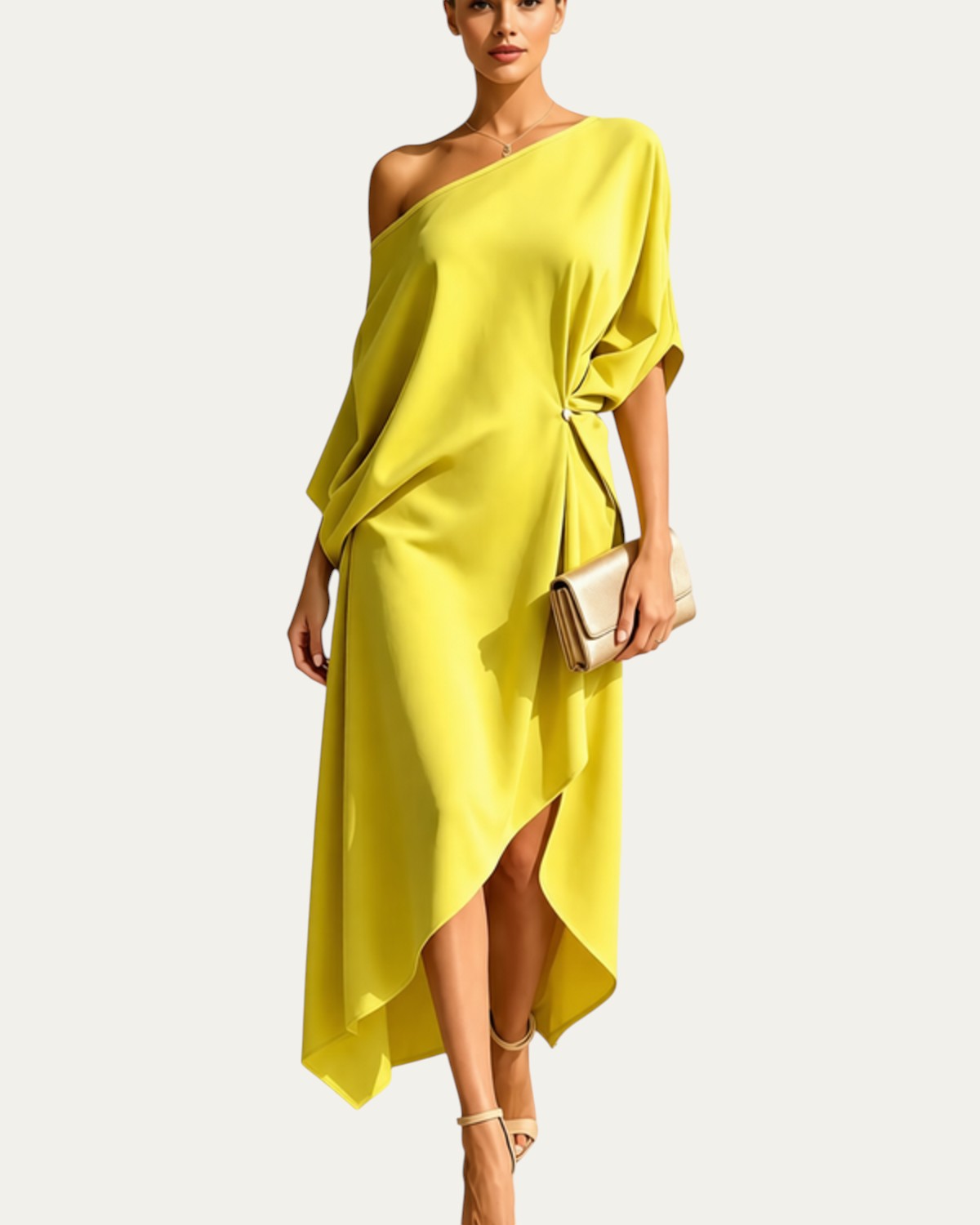 Vestido elegante amarillo asimétrico de un hombro con caída drapeada