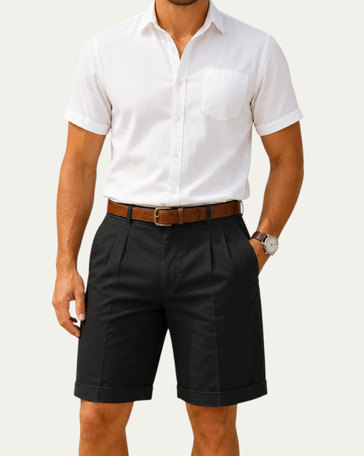 Bermudas de verano negras con pliegues y pernera recta, tiro medio