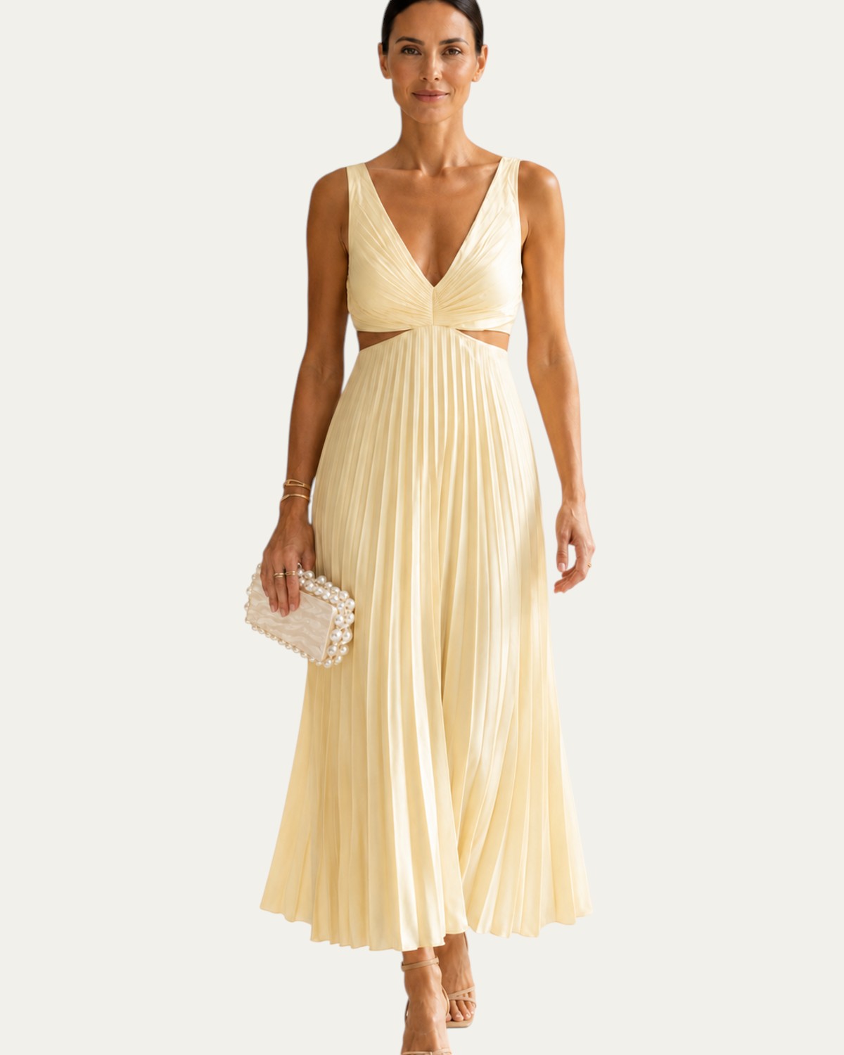 Vestido largo elegante Helen amarillo claro, escote en V y falda plisada con tirantes finos
