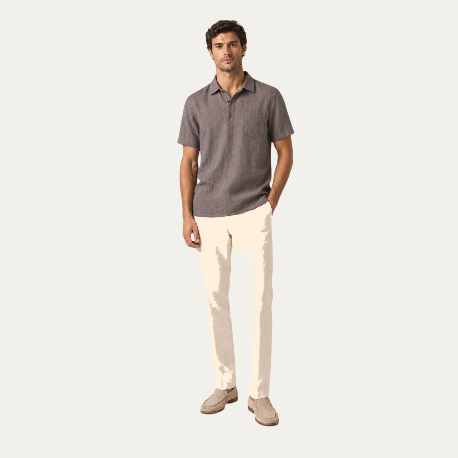 Camiseta de lino tipo polo gris oscuro de manga corta, con cuello y dos botones