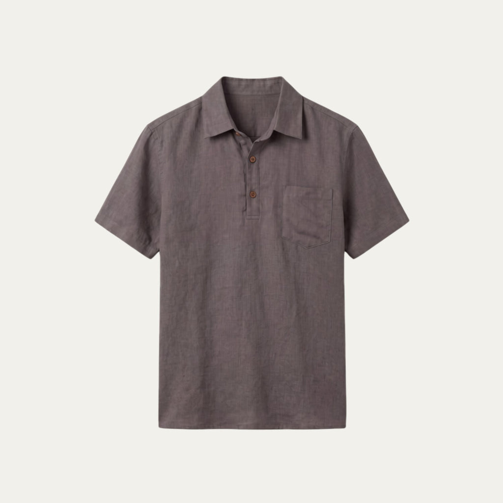 Camiseta de lino tipo polo gris oscuro con cuello y dos botones al frente