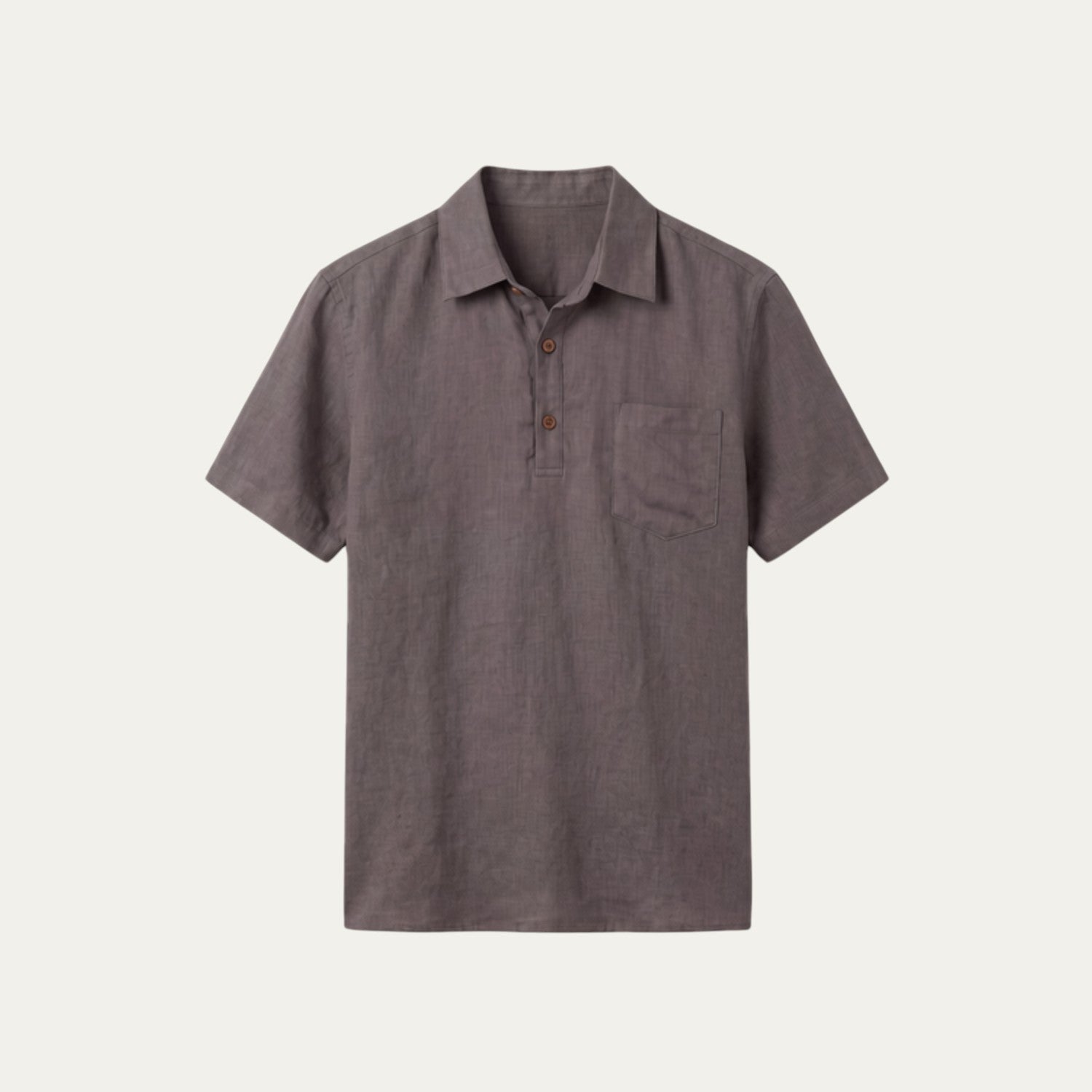 Camiseta de lino tipo polo gris oscuro con cuello y dos botones al frente