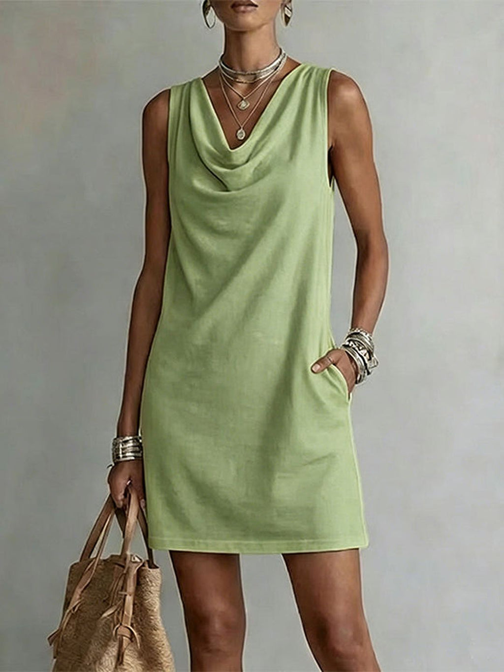 Vestido corto sin mangas con cuello drapeado, verde menta liso