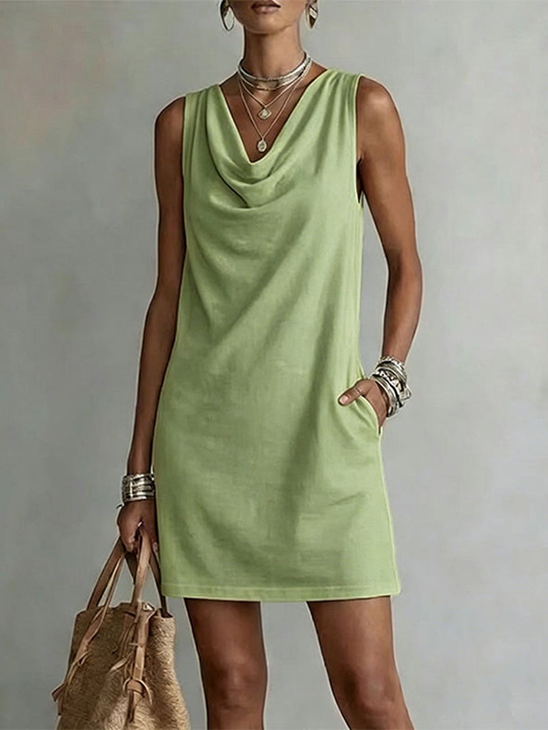 Vestido corto sin mangas con cuello drapeado, verde menta liso