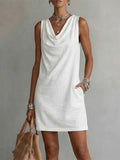 Vestido corto sin mangas con cuello drapeado, blanco liso