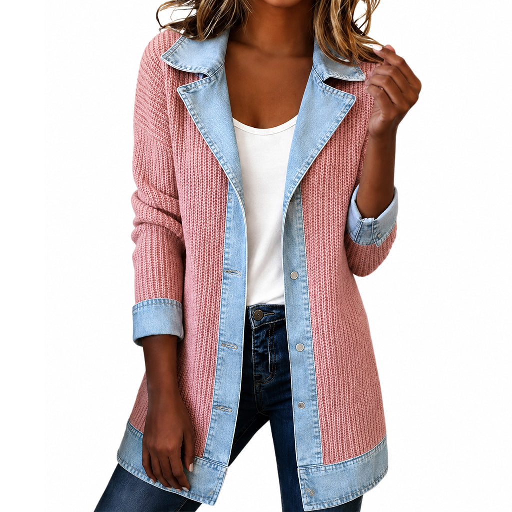 Natalia | Elegante abrigo de punto acanalado para mujer con paneles vaqueros
