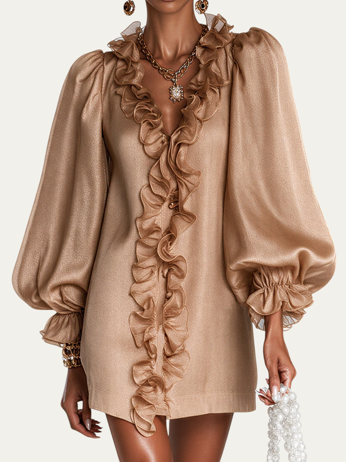 Vestido holgado marrón con volantes fruncidos en el pecho y mangas abullonadas