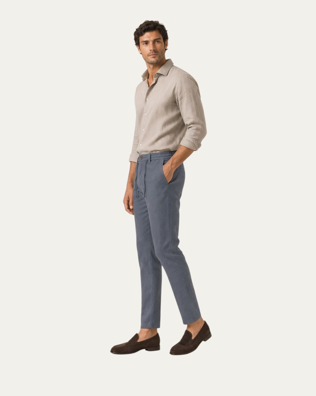 Pantalón diario de lino azul con bolsillos delanteros y tiro medio, pierna recta