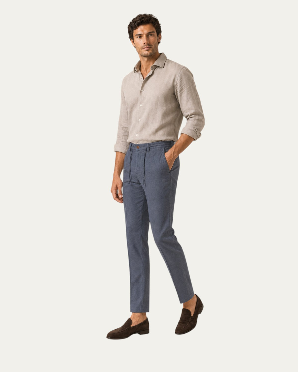 Pantalón diario de lino azul con bolsillos delanteros y trabillas, corte recto