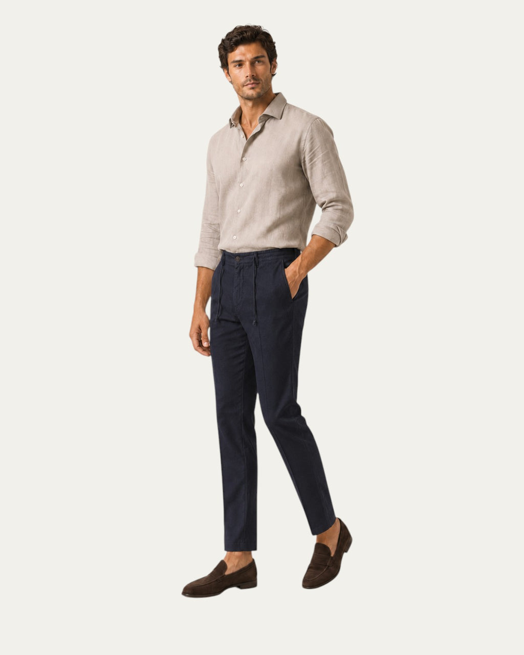 Pantalón diario de lino azul marino oscuro con bolsillos delanteros y tiro medio