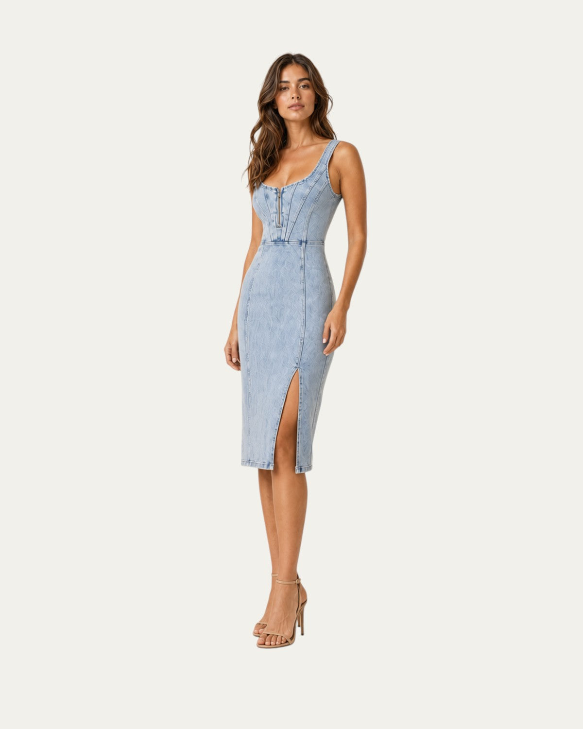 Vestido vaquero azul sin mangas con botones frontales y abertura lateral