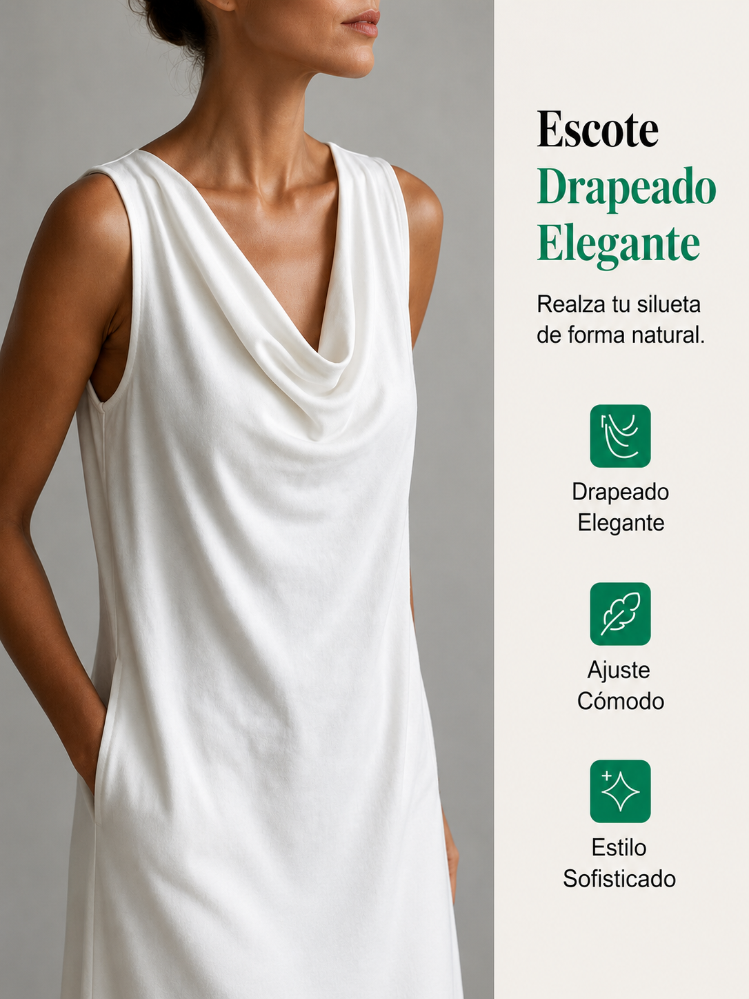 Vestido corto blanco sin mangas con escote drapeado y caída natural