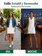 Vestido corto blanco sin mangas con escote drapeado, largo sobre la rodilla