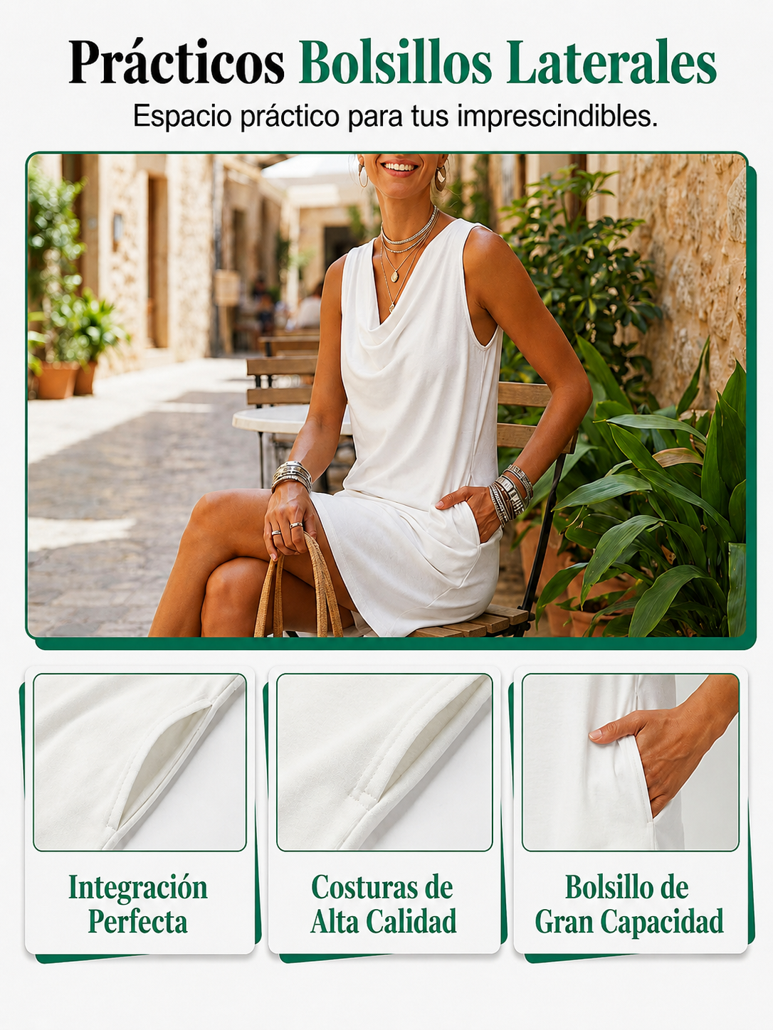 Vestido corto blanco sin mangas con bolsillos laterales y escote drapeado